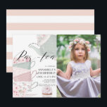 Tea Par-tea Floral Teapot Pink Birthday Photo Invitation<br><div class="desc">This cute birthday tea party photo invitation features a white background with a teapot and tea cups with flowers. The reverse side features a white background with blush pink stripes. Personalize it for your needs. You can find matching products at my store.</div>