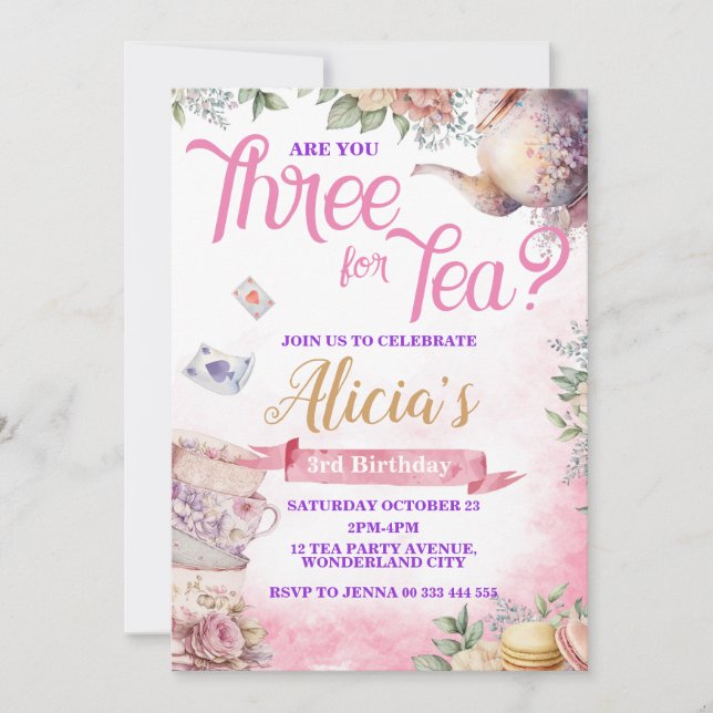 Tea Party 3rd Birthday, Tea Time Party  Invitation (Front)