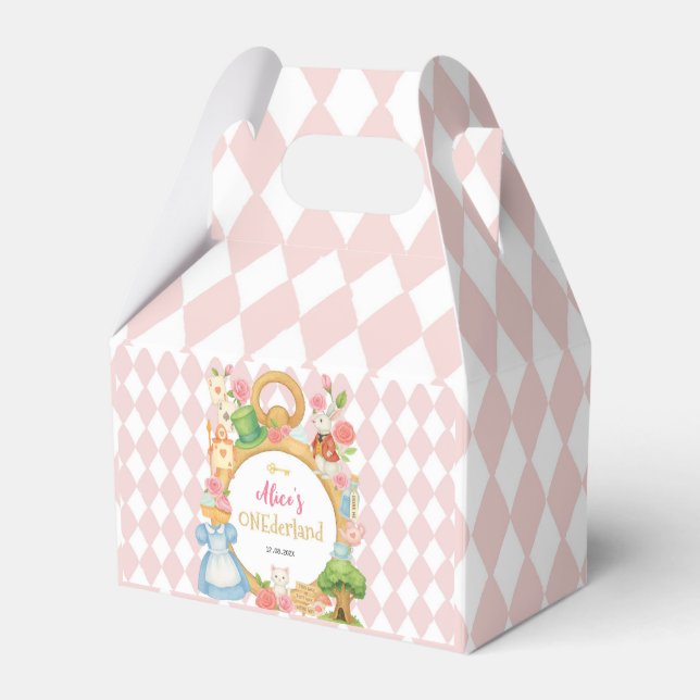 Tea Party Alice in Onederland Pink Girl Birthday Favor Box (Front Side)