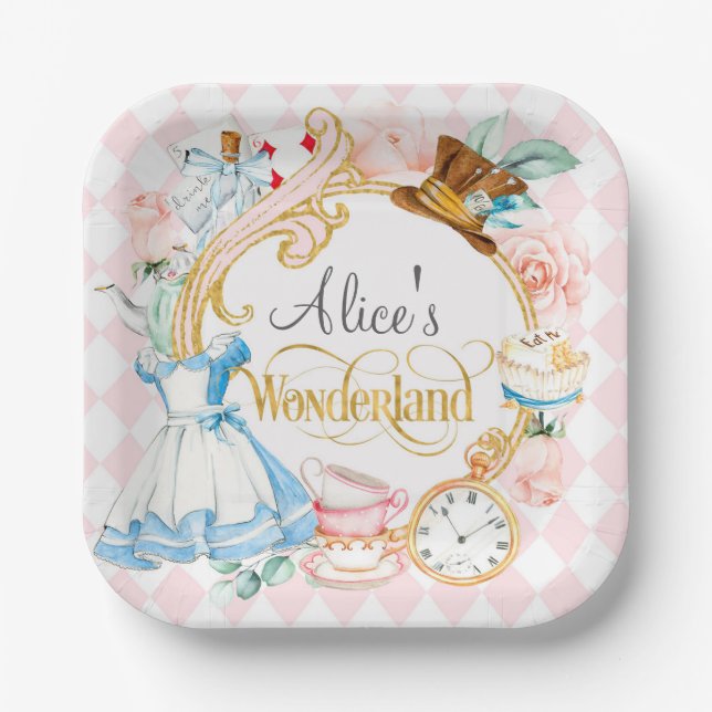 Tea party alice in wonderland girl birthday paper plate (Front)