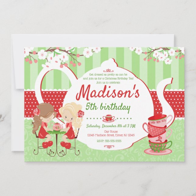 Tea Party Anniversaire Invitation - Noël - Fille (Devant)