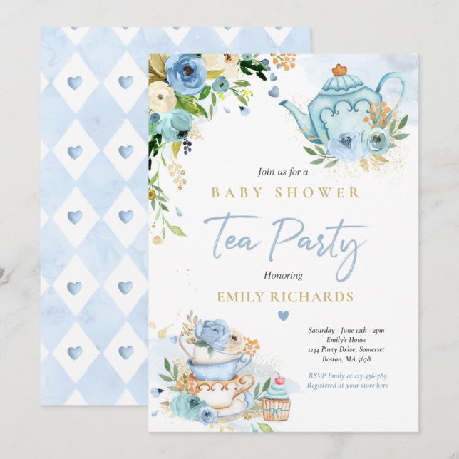Tea Party Baby Shower Boy Blue Rose Baby Brewing Invitation (Front/Back)