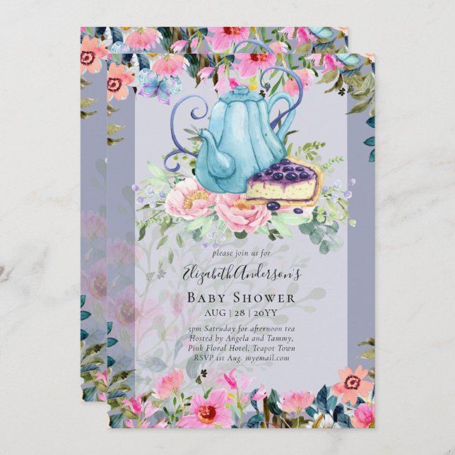 Tea Party Baby Shower Invitations (Devant / Derrière)