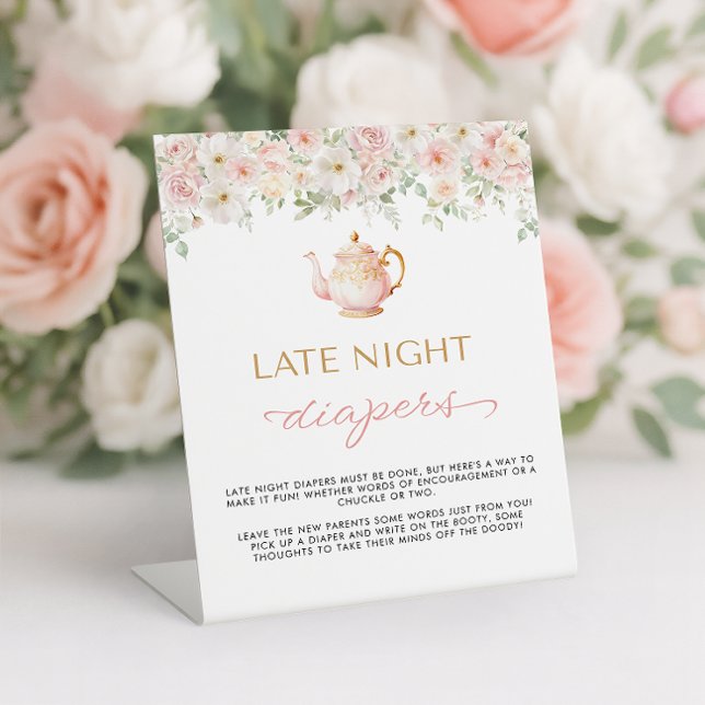 Tea Party Baby Shower Late Night Diapers Pedestal Sign (Tea Party Baby Shower Late Night Diapers Pedestal Sign)