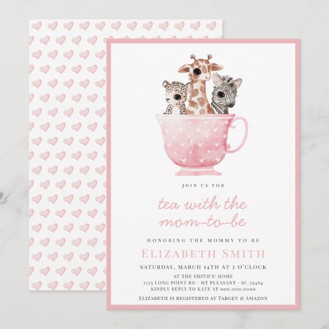 Tea Party Baby Shower Safari Animal Mom To Be Invitation (Front/Back)