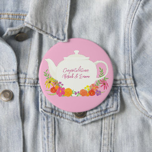 Tea Party Baby Shower Teapot Pink Girl 4 Inch Round Button