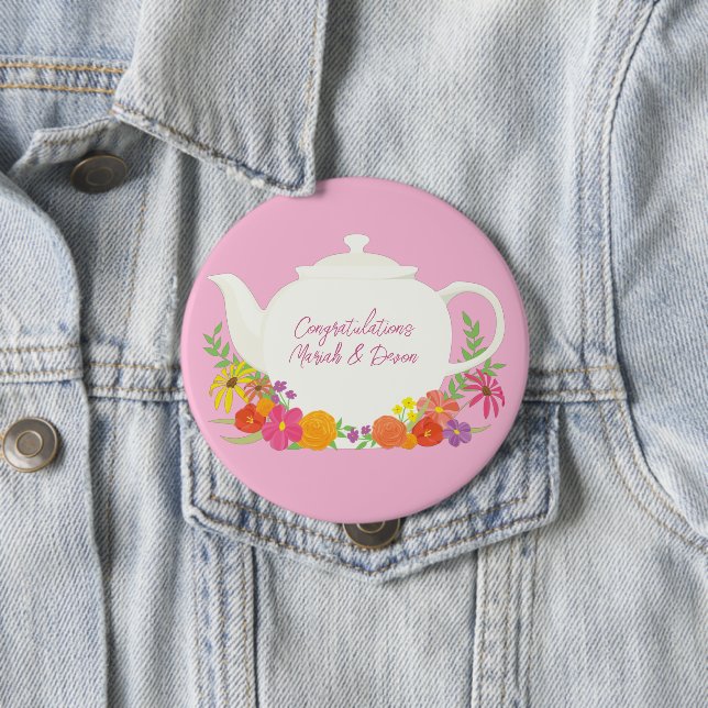 Tea Party Baby Shower Teapot Pink Girl 4 Inch Round Button (In Situ)