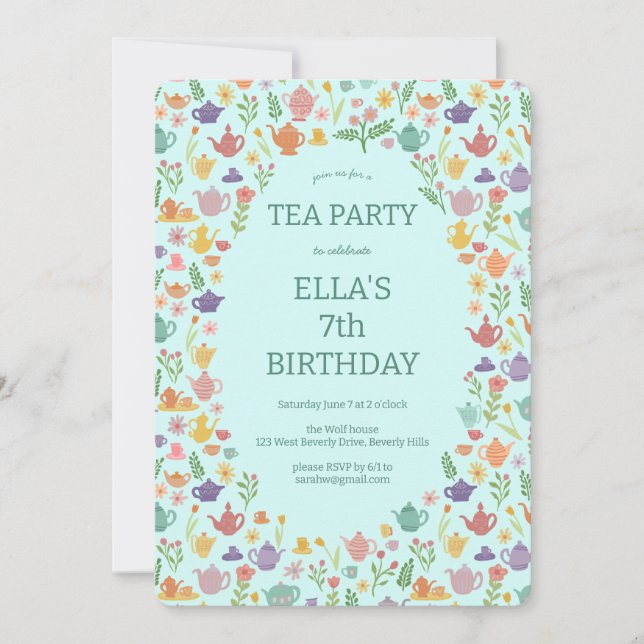Tea Party Birthday Cute Custom Colourful Floral  Invitation (Front)