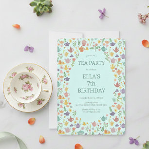 Tea Party Birthday Cute Custom Colourful Floral  Invitation