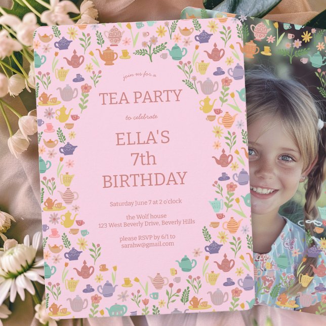 Tea Party Birthday Cute Custom PHOTO Invitation (Tea Party Birthday Cute Custom PHOTO Invitation Pink Girlie Cute Sweet 
)