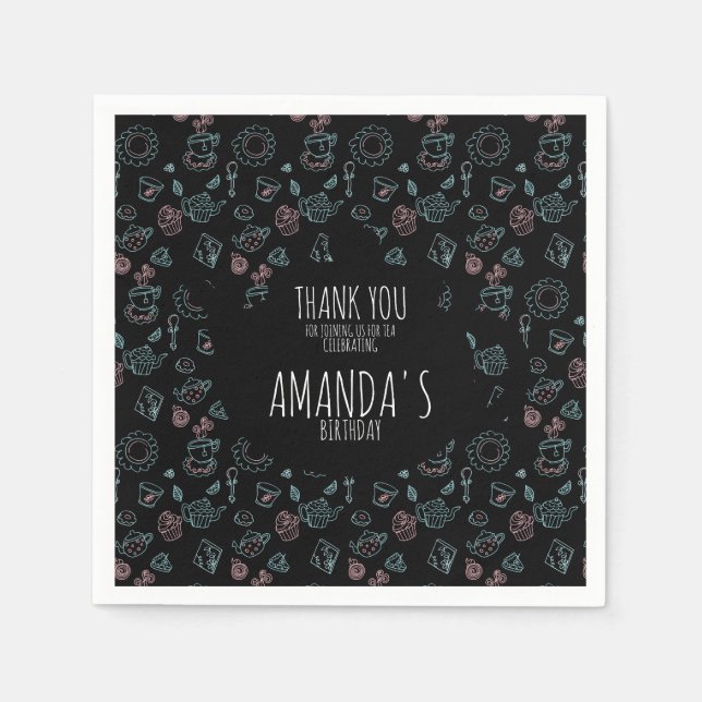 Tea Party Birthday Doodle Background  Napkin (Front)