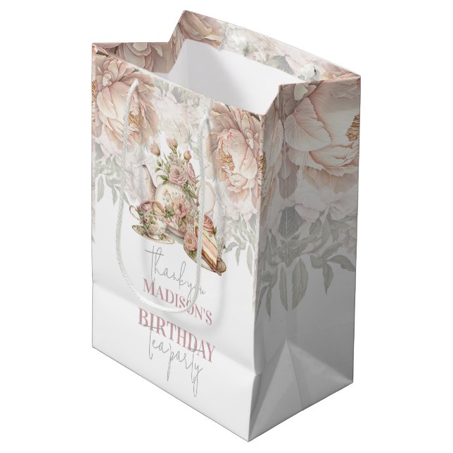 Tea Party Birthday Floral Personalized Medium Gift Bag (Front Angled)