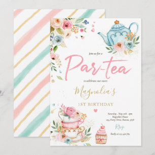 Tea Party Birthday Girl Pink & Gold Floral Par-tea Invitation