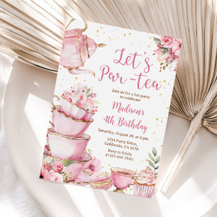 Tea Party Birthday Girl Pink & Gold Floral Par-tea Invitation