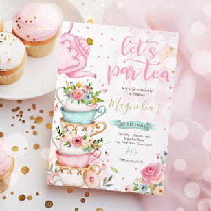 Tea Party Birthday Girl Pink & Gold Floral Par-tea Invitation