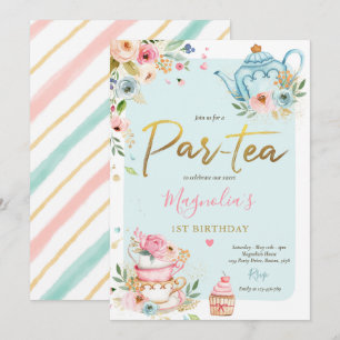 Tea Party Birthday Girl Pink & Gold Floral Par-tea Invitation