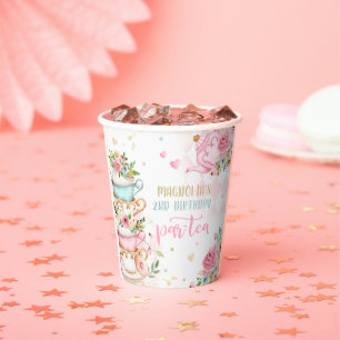 Tea Party Birthday Girl Pink & Gold Floral Par-tea Paper Cups