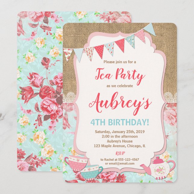Tea party birthday invitation girl shabby chic (Front/Back)