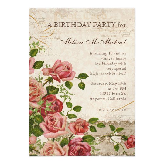 Tea Party Birthday Invite, Trellis Rose Vintage Card