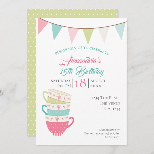 Tea Party Birthday Personalized Colourful Invitation (Front/Back)