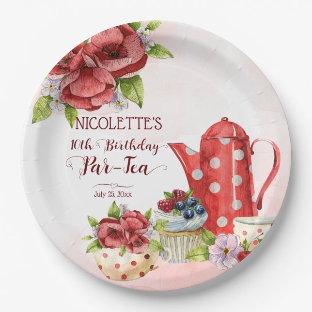 Tea party birthday polka dot tea pot personalized paper plate (Front)