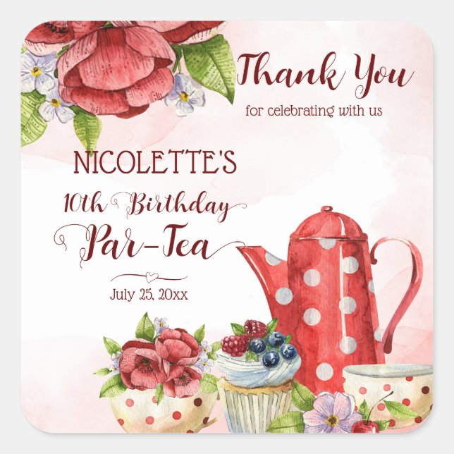Tea party birthday polka dot tea pot personalized square sticker (Front)