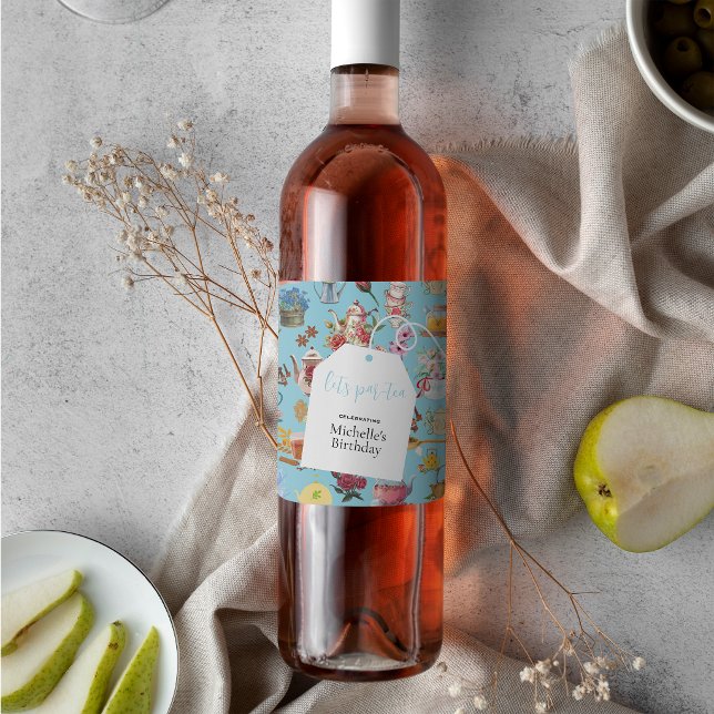 Tea Party Blue Garden Floral Pattern Birthday Wine Label (Creator Uploaded)