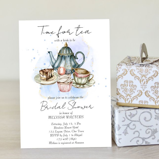 Tea party blue grey watercolor bridal shower invitation (Creator Uploaded)