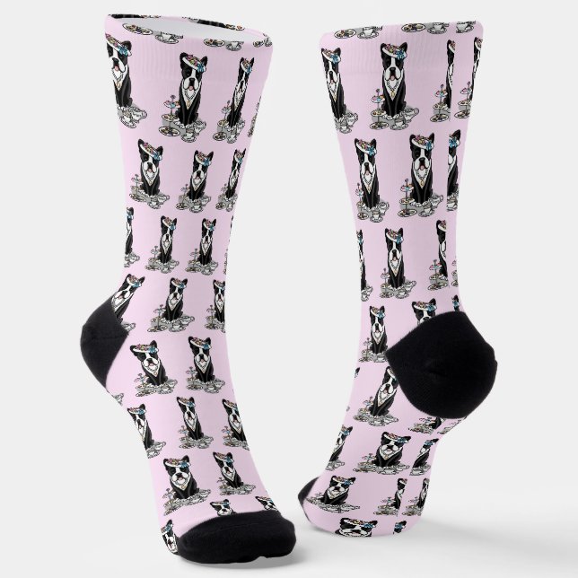Tea Party Boston Terrier (black) Cute Dog Socks (Angled)