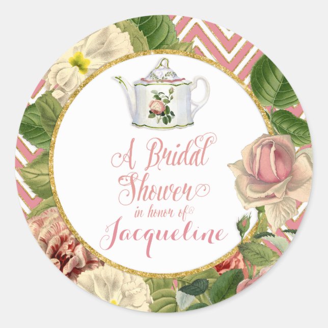 Tea Party Bridal Shower Chevron Stripes Rose Classic Round Sticker (Front)