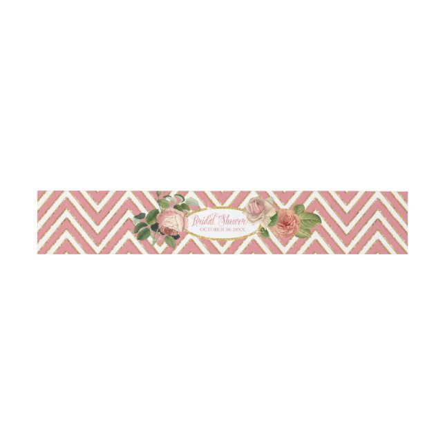 Tea Party Bridal Shower Chevron Stripes Rose Invitation Belly Band (Flat)