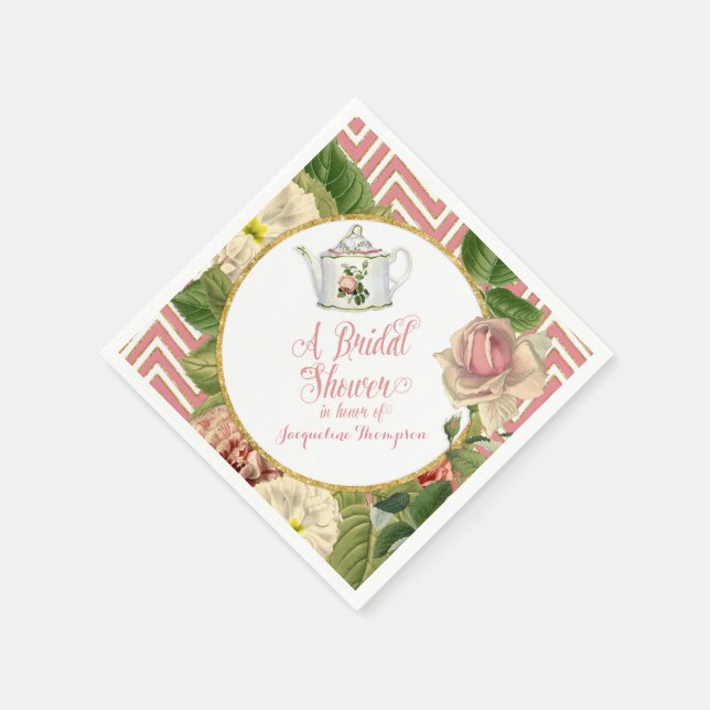 Tea Party Bridal Shower Chevron Stripes Rose Napkin (Corner)