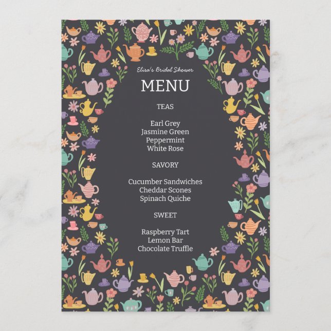 Tea Party Bridal Shower Cute Colourful CUSTOM Menu (Front)