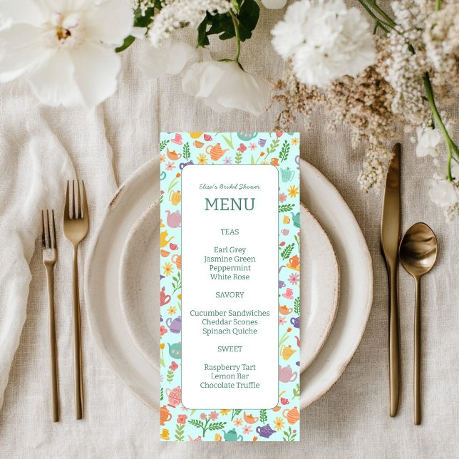 Tea Party Bridal Shower Cute Colourful CUSTOM Menu (Tea Party Bridal Shower Cute Colorful CUSTOM Menu
)