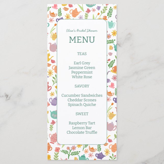 Tea Party Bridal Shower Cute Colourful CUSTOM Menu (Front)
