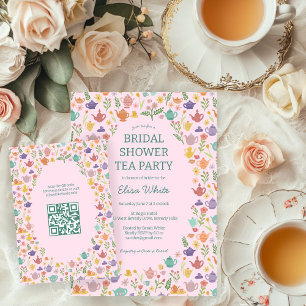 Tea Party Bridal Shower Cute CUSTOM QR Code Enclosure Card