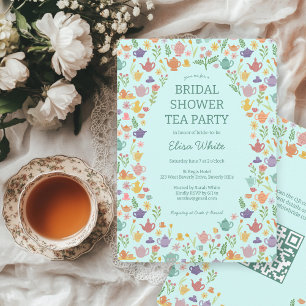 Tea Party Bridal Shower Cute CUSTOM QR Code Invitation