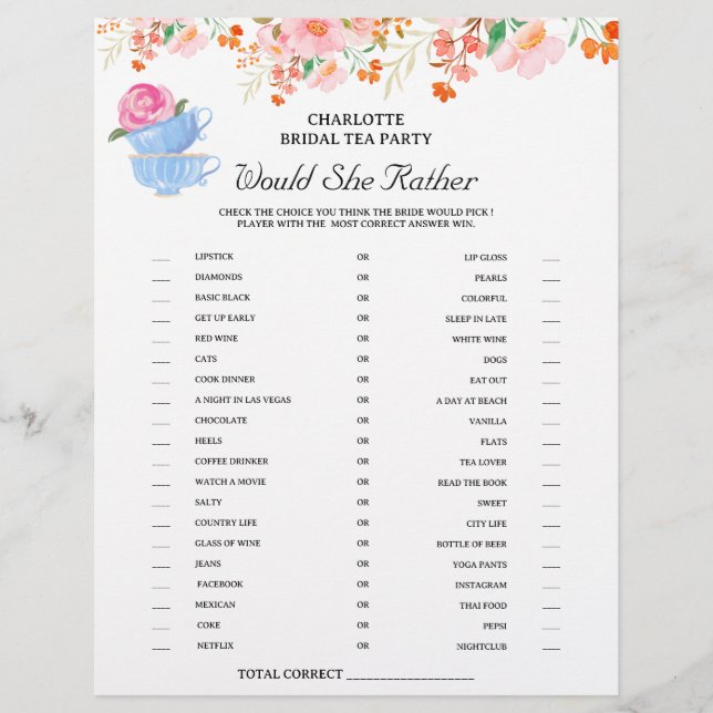 Tea Party Bridal Shower Games Flyer (Front)