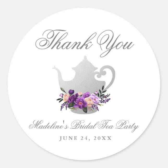 Tea Party Bridal Shower Purple Violet Thank You Classic Round Sticker (Front)