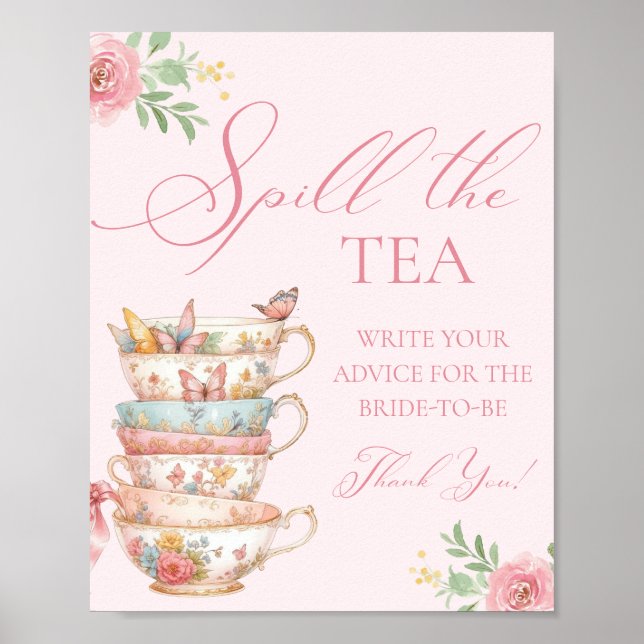 Tea Party Bridal Shower Spill the tea Advice Poster (Front)