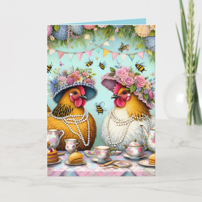 Tea party chickens Folded Greeting Card (Front)