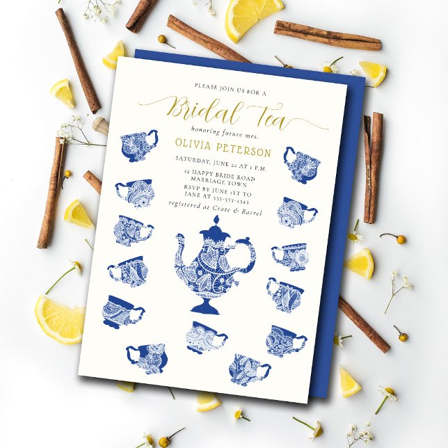 Tea Party Chinoiserie Lace Navy Bridal Shower Invitation (Creator Uploaded)