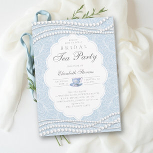 Tea Party Elegant Lace Pearls Blue Bridal Shower Invitation