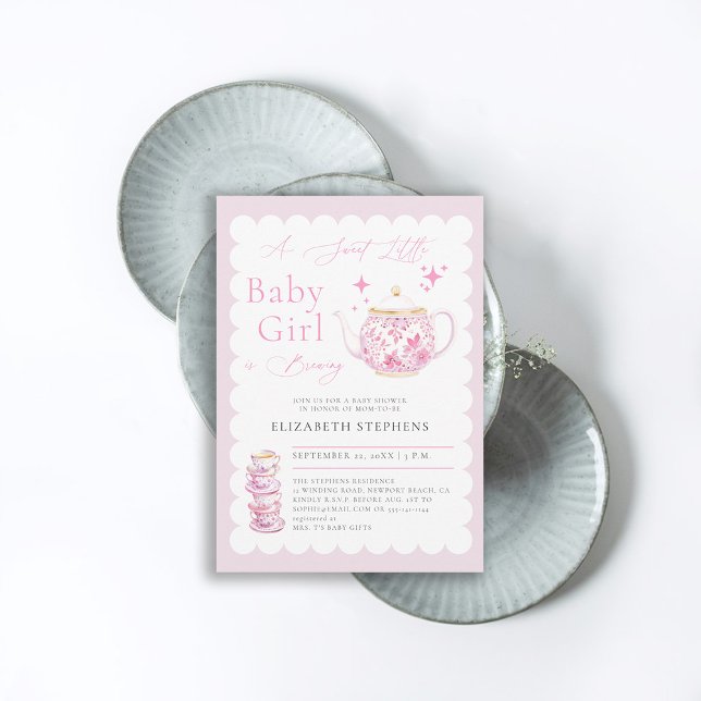 Tea Party Elegant Modern Sweet Baby Girl Shower Invitation (tea baby shower invitation high noon afternoon party elegant modern watercolor pink)