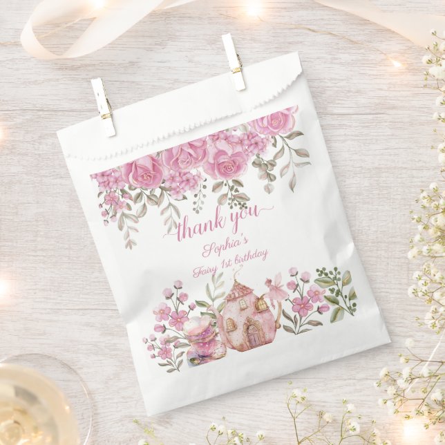 Tea Party Fairy Girl Blush Pink Flowers Birthday Favour Bag (Clipped)