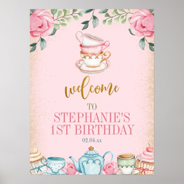 Tea Party Floral Birthday Party Welcome Sign  (Front)