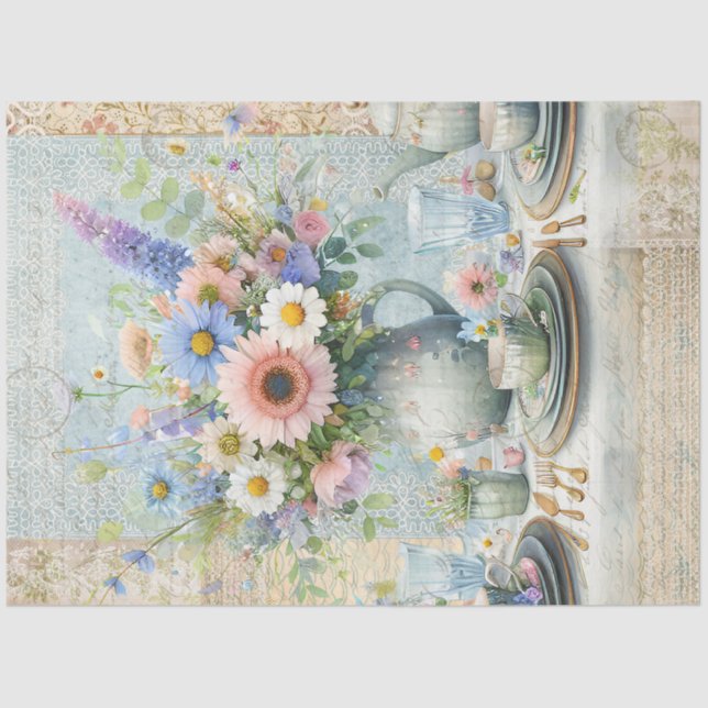 Tea Party Floral Pastel Bouquet Blue Pink Preppy Tissue Paper (Front)