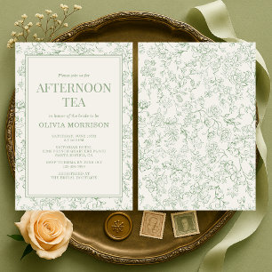 Tea Party French Floral Sage Green Bridal Shower Invitation