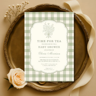 Tea Party Gingham Floral Sage Green Baby Shower Invitation