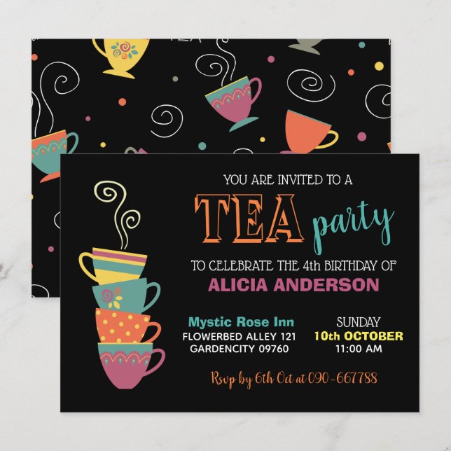 Tea Party Girl's Birthday hot cups colourful Invitation (Front/Back)